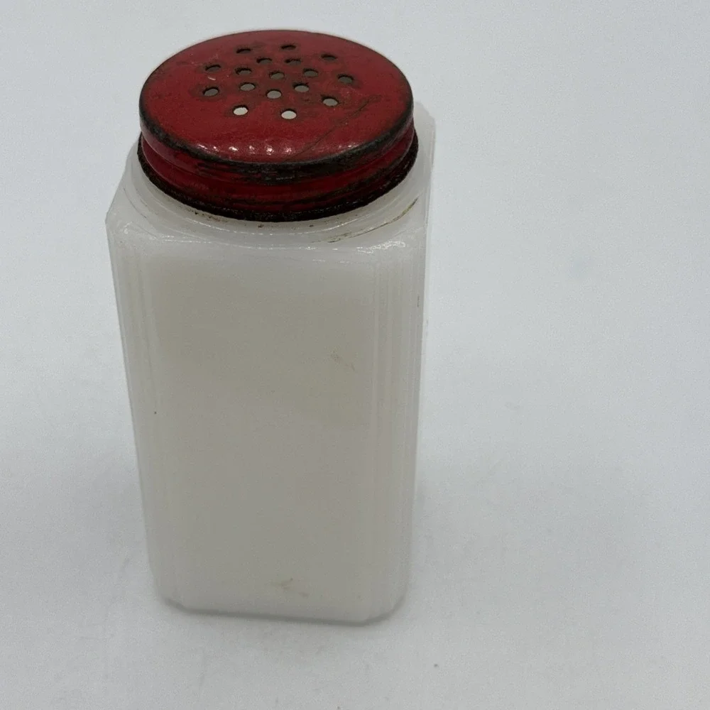 Vintage McKee Tipp City Milk Glass Salt Shaker Flower Pot Red Metal Lid 4